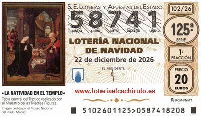 Anverso del d&eacute;cimo 58741 de la Loter&iacute;a de Navidad 2026, de San Vicente de la Barquera (Cantabria)